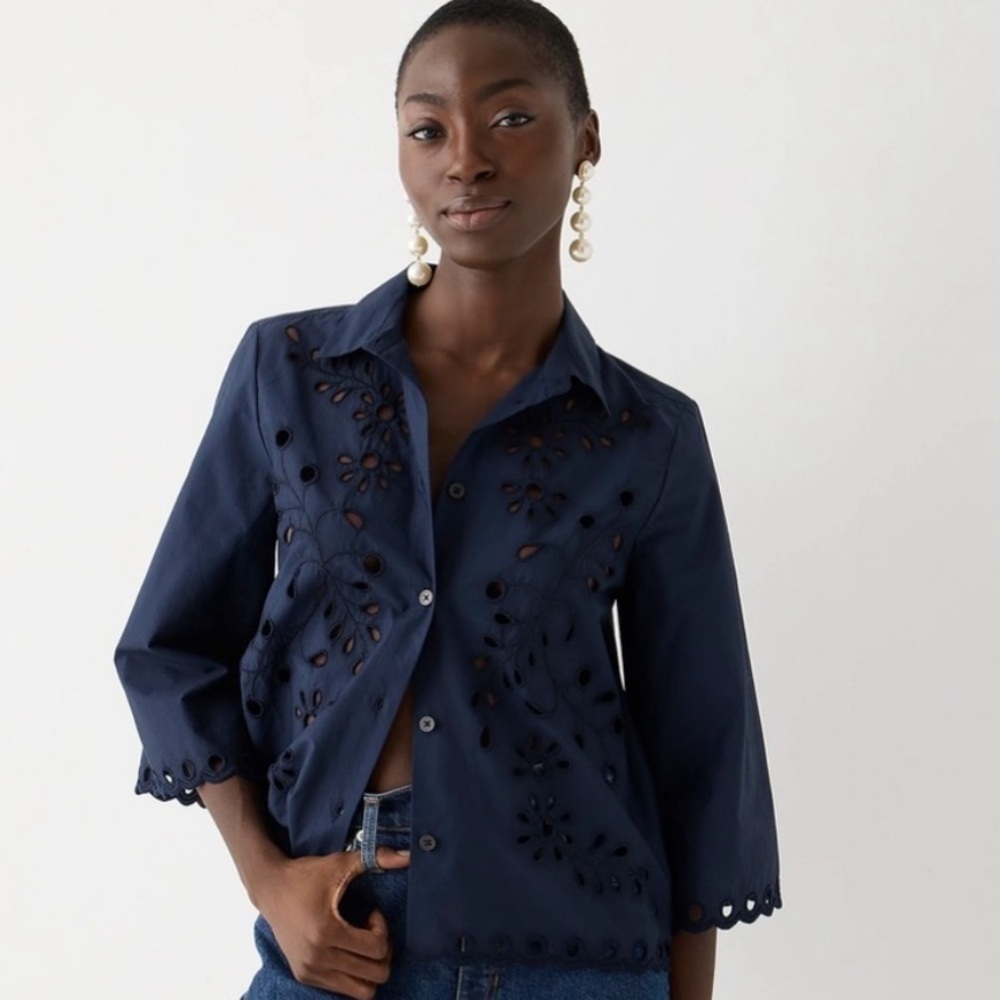 J. Crew Collection Navy Button Up Eyelet Poplin Top